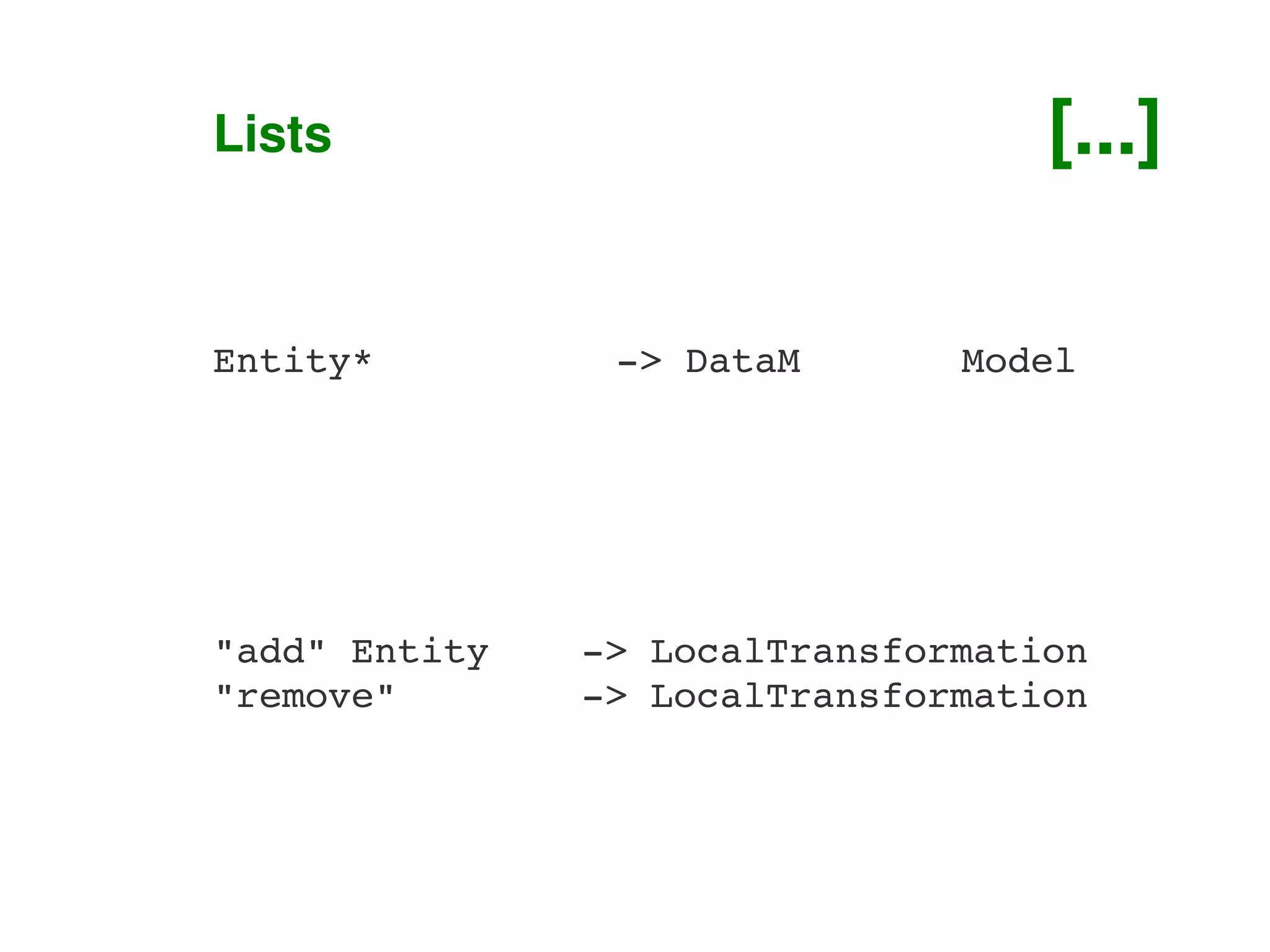 Lists                               [...]

    Entity*          ­> DataM       Model




    "add" Entity    ­> LocalTransformation
    "remove"        ­> LocalTransformation



                       
 