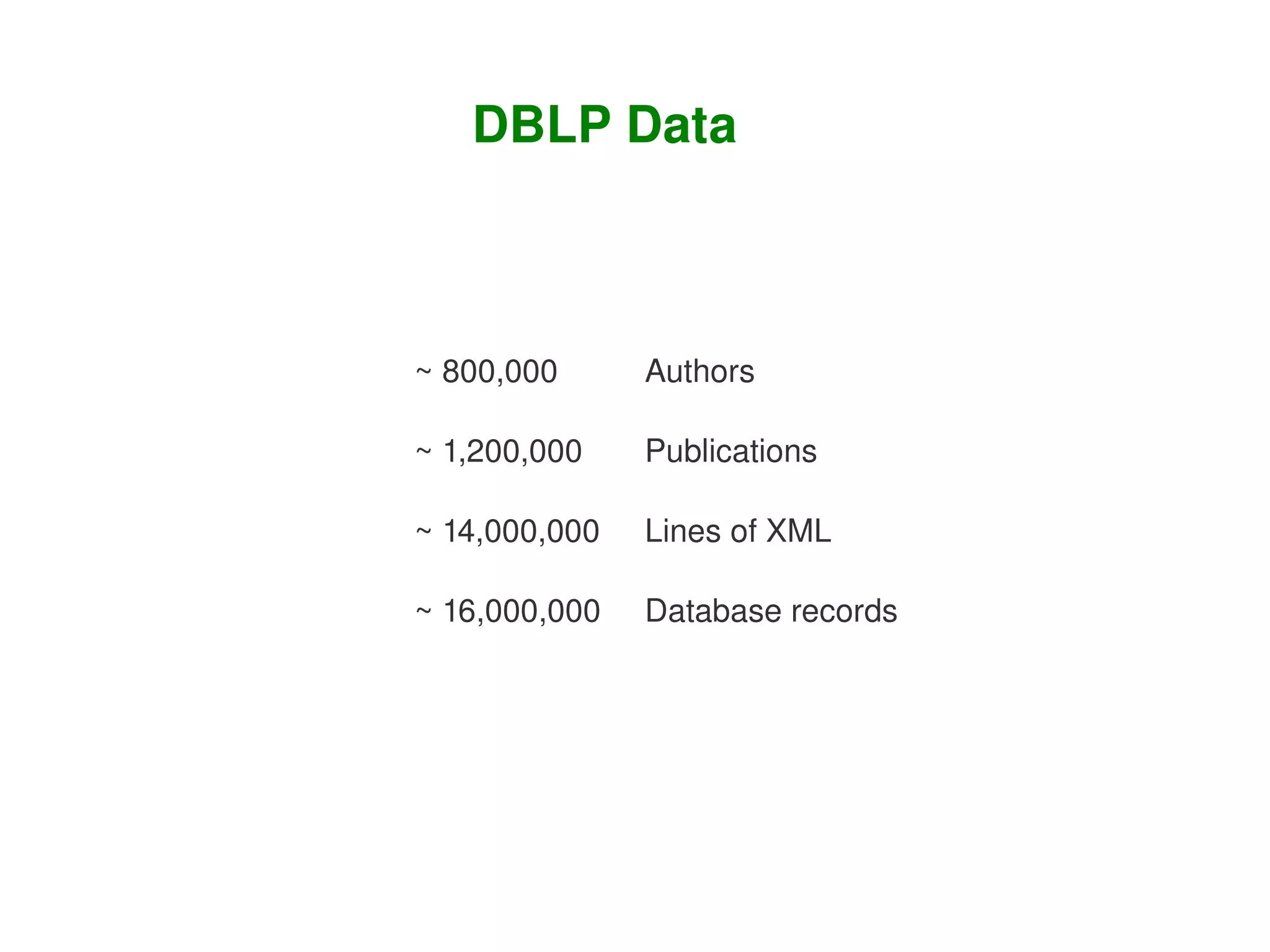 DBLP Data



    ~ 800,000           Authors

    ~ 1,200,000         Publications

    ~ 14,000,000        Lines of XML

    ~ 16,000,000        Database records




                     
 