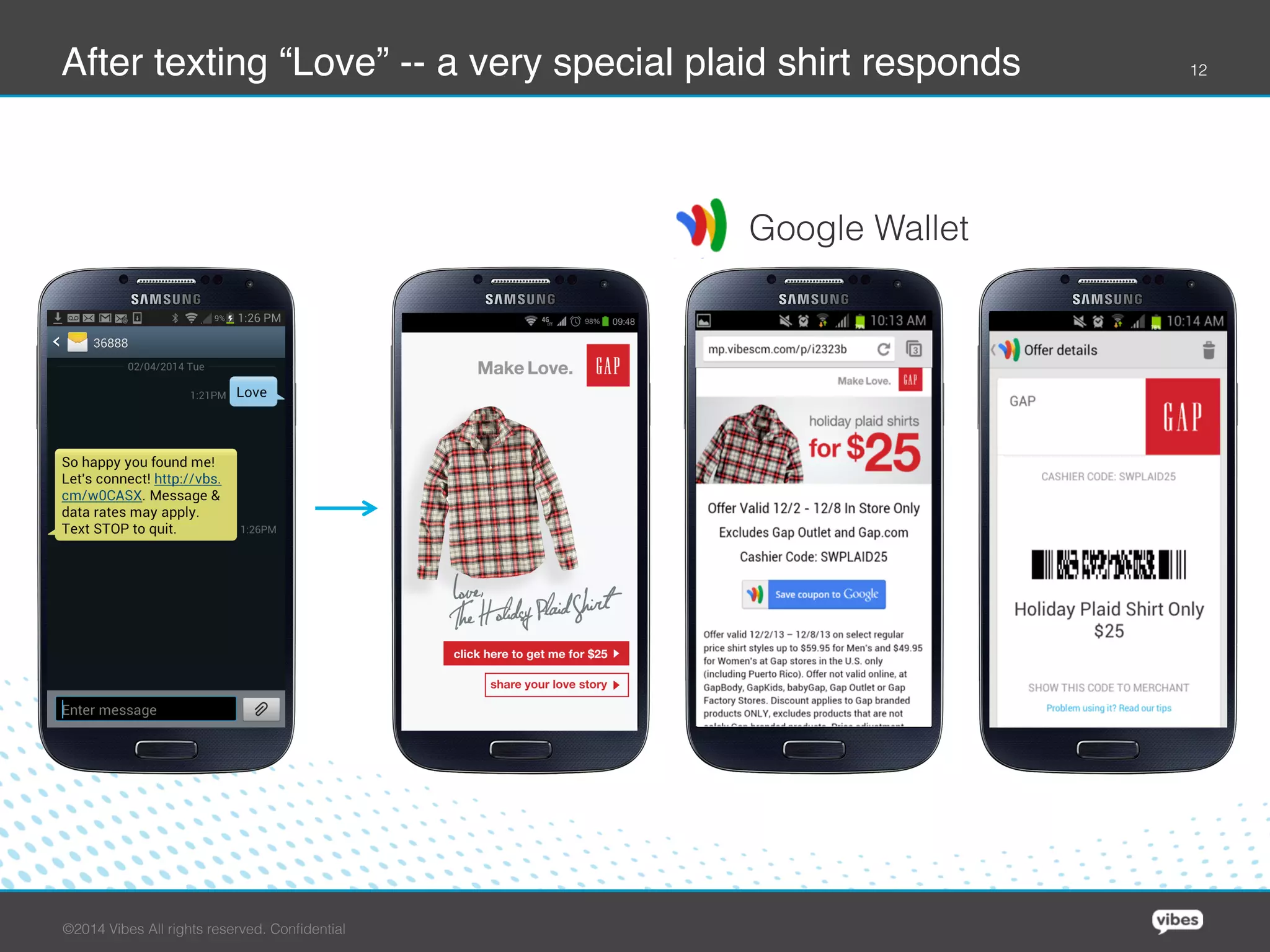 After texting “Love” -- a very special plaid shirt responds !

Google Wallet

©2014 Vibes All rights reserved. Conﬁdential

12

 