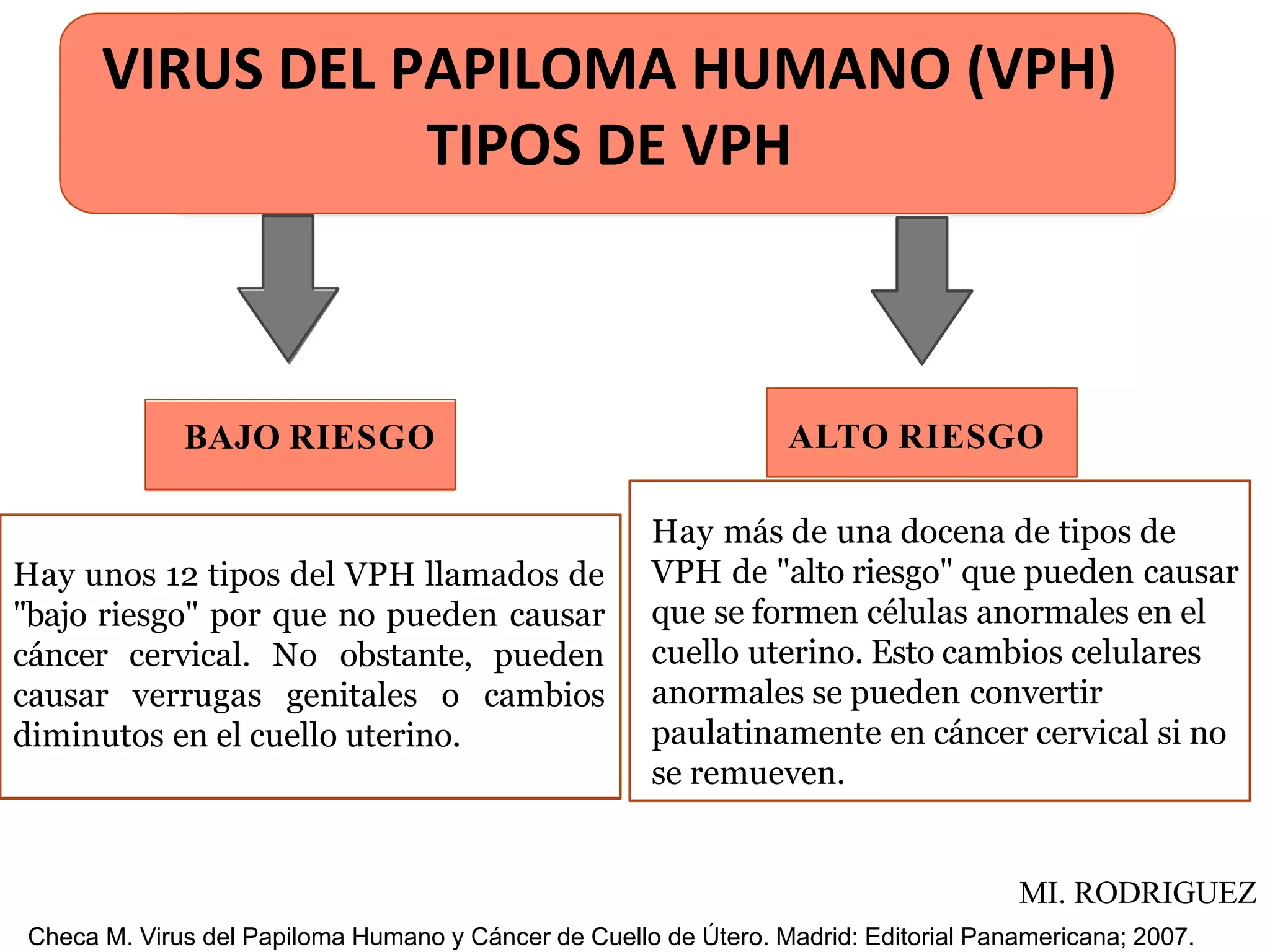 BAJO RIESGO ALTO RIESGO
Hay unos 12 tipos del VPH llamados de
"bajo riesgo" por que no pueden causar
cáncer cervical. No obstante, pueden
causar verrugas genitales o cambios
diminutos en el cuello uterino.
Hay más de una docena de tipos de
VPH de "alto riesgo" que pueden causar
que se formen células anormales en el
cuello uterino. Esto cambios celulares
anormales se pueden convertir
paulatinamente en cáncer cervical si no
se remueven.
VIRUS DEL PAPILOMA HUMANO (VPH)
TIPOS DE VPH
Checa M. Virus del Papiloma Humano y Cáncer de Cuello de Útero. Madrid: Editorial Panamericana; 2007.
MI. RODRIGUEZ
 