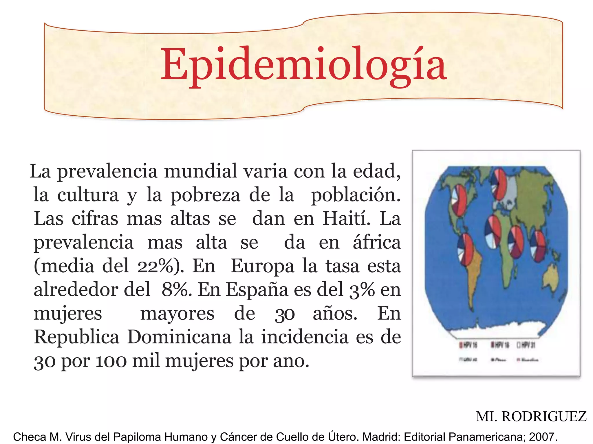 La prevalencia mundial varia con la edad,
la cultura y la pobreza de la población.
Las cifras mas altas se dan en Haití. La
prevalencia mas alta se da en áfrica
(media del 22%). En Europa la tasa esta
alrededor del 8%. En España es del 3% en
mujeres mayores de 30 años. En
Republica Dominicana la incidencia es de
30 por 100 mil mujeres por ano.
Epidemiología
Checa M. Virus del Papiloma Humano y Cáncer de Cuello de Útero. Madrid: Editorial Panamericana; 2007.
MI. RODRIGUEZ
 
