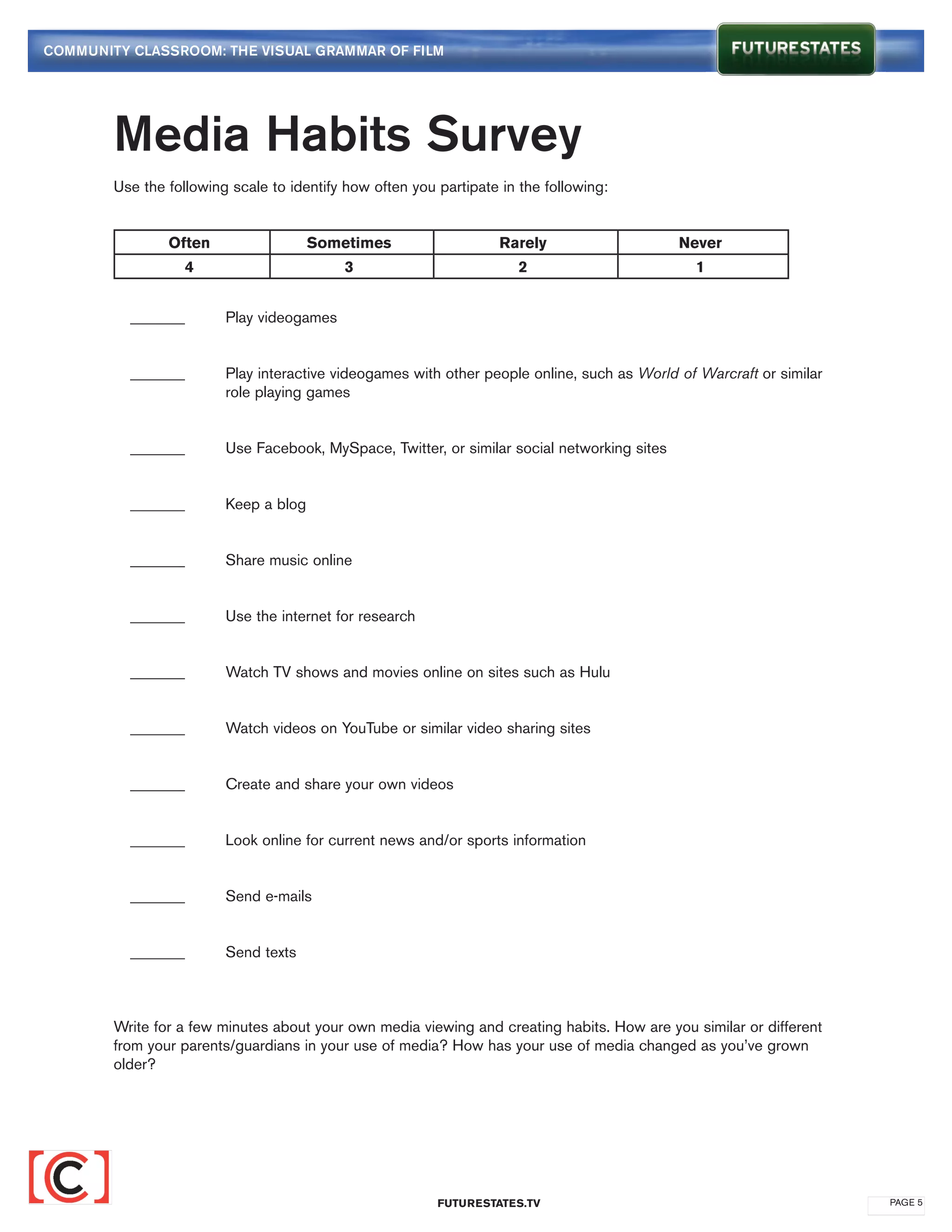 COMMUNITY CLASSROOM: THE VISUAL GRAMMAR OF FILM




        Media Habits Survey
        Use the following scale to identify how often you partipate in the following:


                Often                  Sometimes                    Rarely                    Never
                   4                       3                           2                        1


        	 _______	       Play videogames


        	 _______	       Play interactive videogames with other people online, such as World of Warcraft or similar 	
        				             role playing games


        	 _______	       Use Facebook, MySpace, Twitter, or similar social networking sites


        	 _______	       Keep a blog


        	 _______	       Share music online


        	 _______	       Use the internet for research


        	 _______	       Watch TV shows and movies online on sites such as Hulu


        	 _______	       Watch videos on YouTube or similar video sharing sites


        	 _______	       Create and share your own videos


        	 _______	       Look online for current news and/or sports information


        	 _______	       Send e-mails


        	 _______	       Send texts



        Write for a few minutes about your own media viewing and creating habits. How are you similar or different
        from your parents/guardians in your use of media? How has your use of media changed as you’ve grown
        older?




                                                          FUTURESTATES.TV                                               PAGE 5
 