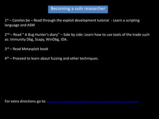 Becoming a vuln researcher

1st – Corelan.be – Read through the exploit development tutorial - Learn a scripting
language and ASM

2nd – Read “ A Bug Hunter’s diary” – Side by side: Learn how to use tools of the trade such
as: Immunity Dbg, Scapy, WinDbg, IDA.

3rd – Read Metasploit book

4th – Proceed to learn about fuzzing and other techniques.




For extra directions go to: http://myne-us.blogspot.com/2010/08/from-0x90-to-0x4c454554-journey-into.html
 