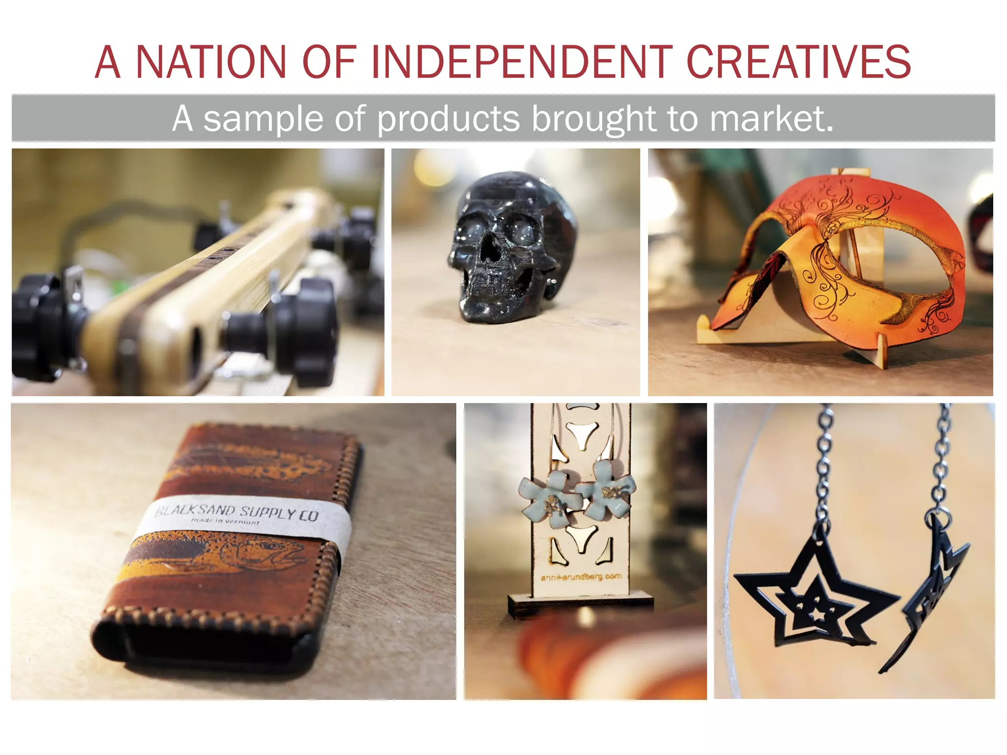 A NATION OF INDEPENDENT CREATIVES
A sample of products brought to market.
 