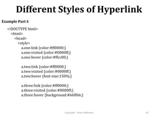 Different Styles of Hyperlink
Copyright - Anjan Mahanta 45
Example Part I:
<!DOCTYPE html>
<html>
<head>
<style>
a.one:link {color:#ff0000;}
a.one:visited {color:#0000ff;}
a.one:hover {color:#ffcc00;}
a.two:link {color:#ff0000;}
a.two:visited {color:#0000ff;}
a.two:hover {font-size:150%;}
a.three:link {color:#ff0000;}
a.three:visited {color:#0000ff;}
a.three:hover {background:#66ff66;}
 