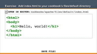 Exercise: Add index.html to your cookbook’s files/default directory
OPEN IN EDITOR: cookbooks/apache/files/default/index.html

<html>
<body>
<h1>Hello, world!</h1>
</body>
</html>

SAVE FILE!

 