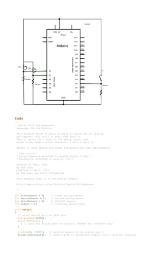 Code
/*
Serial Call and Response
Language: Wiring/Arduino
This program sends an ASCII A (byte of value 65) on startup
and repeats that until it gets some data in.
Then it waits for a byte in the serial port, and
sends three sensor values whenever it gets a byte in.
Thanks to Greg Shakar and Scott Fitzgerald for the improvements
The circuit:
* potentiometers attached to analog inputs 0 and 1
* pushbutton attached to digital I/O 2
Created 26 Sept. 2005
by Tom Igoe
modified 24 April 2012
by Tom Igoe and Scott Fitzgerald
This example code is in the public domain.
http://www.arduino.cc/en/Tutorial/SerialCallResponse
*/
int
int
int
int

firstSensor = 0;
secondSensor = 0;
thirdSensor = 0;
inByte = 0;

//
//
//
//

first analog sensor
second analog sensor
digital sensor
incoming serial byte

void setup()
{
// start serial port at 9600 bps:
Serial.begin(9600);
while (!Serial) {
; // wait for serial port to connect. Needed for Leonardo only
}
pinMode(2, INPUT);
establishContact();

// digital sensor is on digital pin 2
// send a byte to establish contact until receiver responds

 