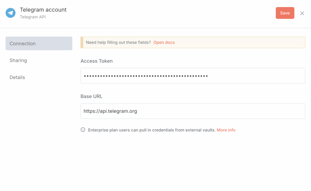 El token de la API de Telegram almacenado en el menú de credenciales de n8n.