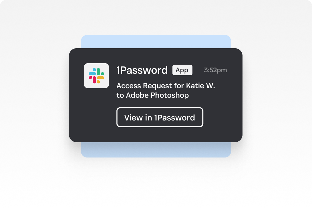 Slack notification from 1Password showing an access request for Katie W. to Adobe Photoshop with a View in 1Password button