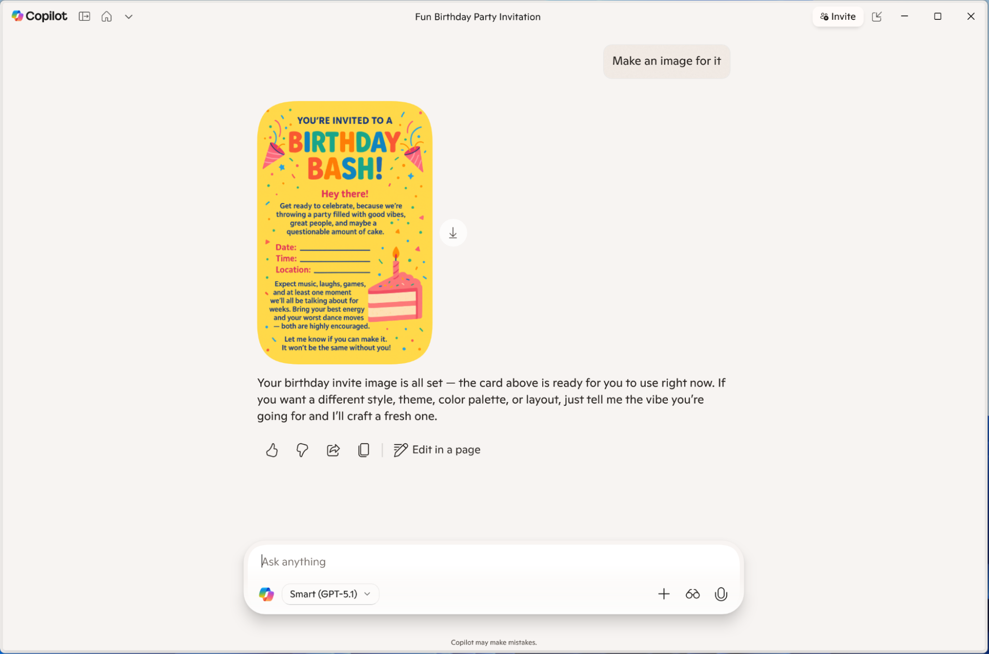 Asking Microsoft Copilot to create a birthday party invitation