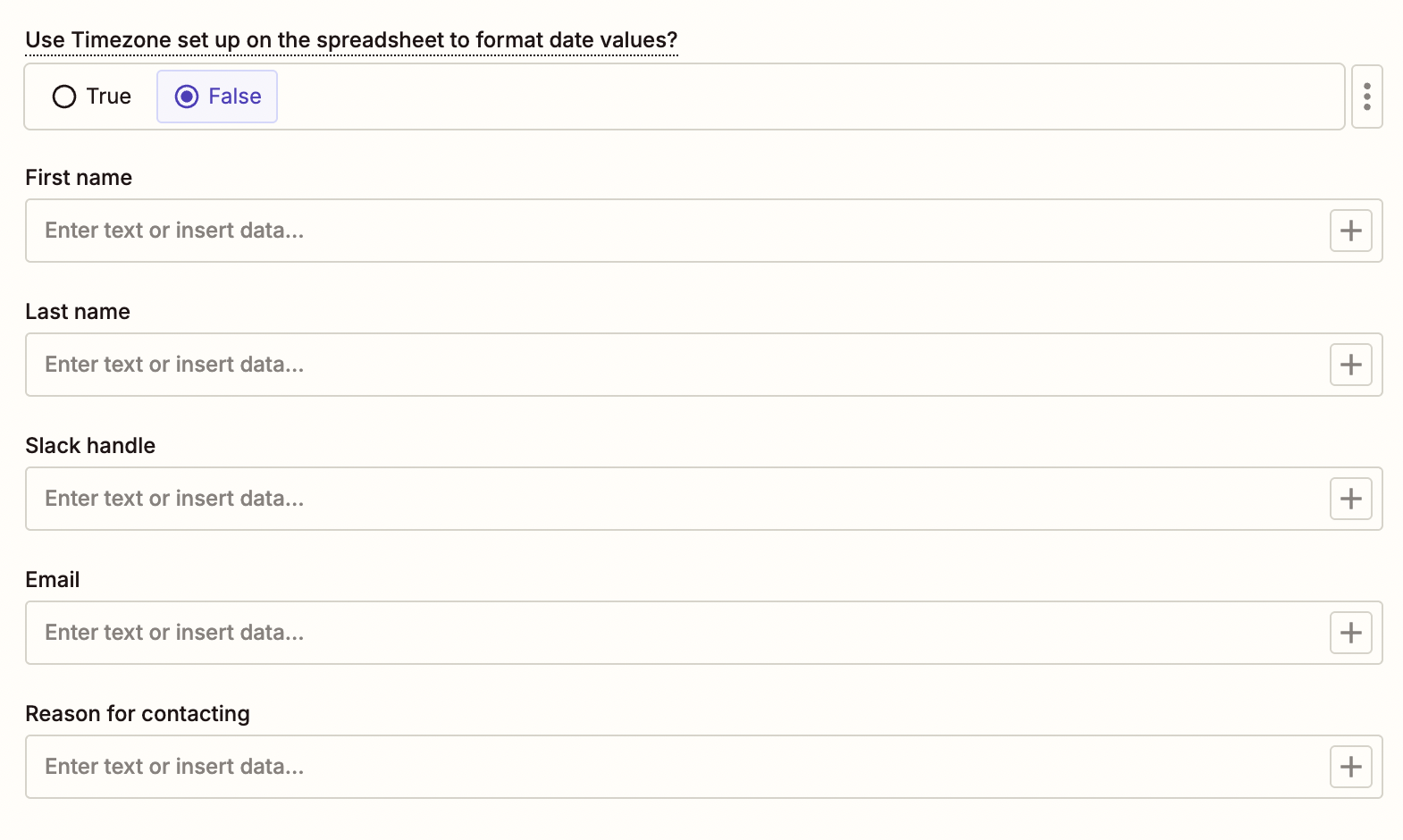 Screenshot of spreadsheet fields