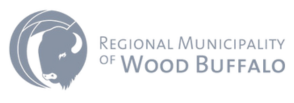 Grey circular logo featuring stylized buffalo head silhouette with text "Regional Municipality of Wood Buffalo"