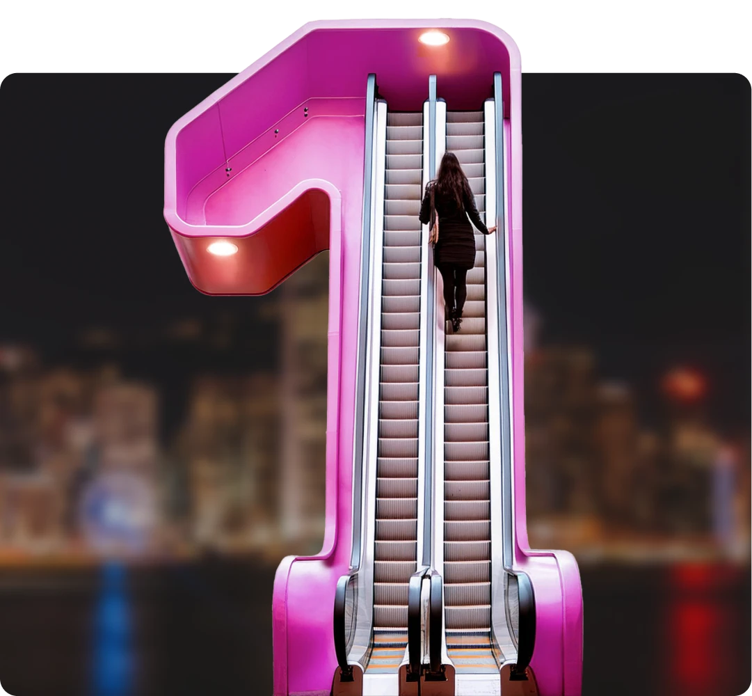A woman traveling up an escalator which is part of a three dimensional number 1.