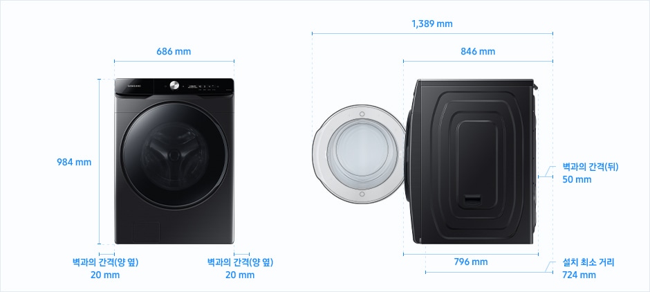
                                21kg ~ 16kg AI 세탁기 설치 가이드 이미지입니다.
                                좌측 이미지는 제품의 정면도입니다. 제품의 폭은 686 mm, 높이는 984 mm입니다.
                                제품과 양 옆 벽과의 간격은 각각 20 mm의 공간이 필요합니다.
                                우측 이미지는 제품의 측면도입니다. 제품의 깊이는 796 mm입니다.
                                문을 열었을 때, 후방 벽과의 간격을 포함한 깊이는 1,389 mm이고 문을 닫았을 때, 후방 벽과의 간격을 포함한 깊이는 846 mm입니다.
                                제품과 후방 벽과의 간격은 50 mm의 공간이 필요합니다.
                                후방 벽을 기준으로 설치 최소 거리는 724 mm입니다.