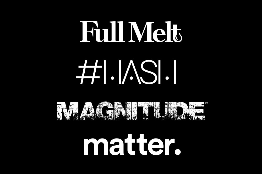 Full Melt, #Hash, Magnitude, matter. logos on a black background