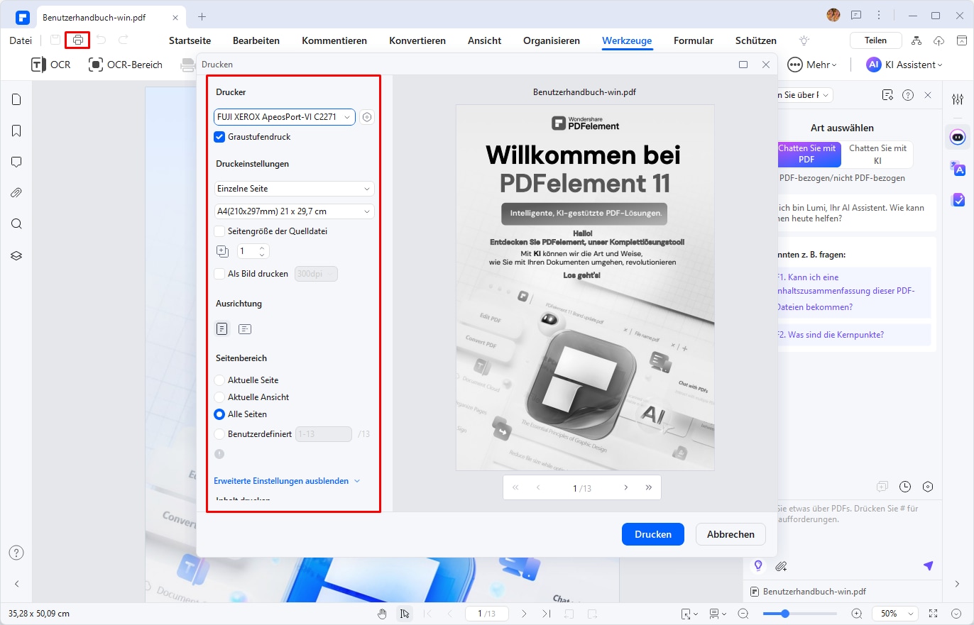 Gehen Sie zu "Datei" > "Drucken" -Schaltfläche, wählen Sie dann Optionen im Abschnitt "Inhalt drucken", wie Sie es mit oder ohne Kommentare drucken möchten.