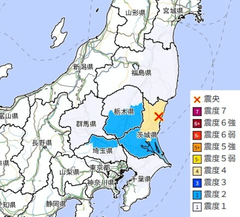 震源と震度分布(24日午前6時19分ごろ、気象庁HPから)