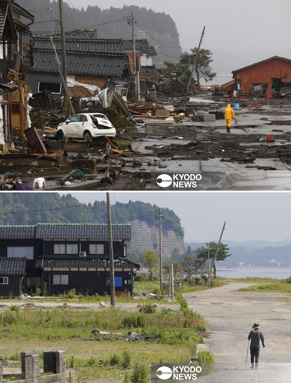 地震と津波で被災した石川県珠洲市宝立町の沿岸部（上、２０２４年１月１２日）。倒壊した家屋のがれきが撤去され、２０２５年６月２０日には空き地が目立っていた（共同）