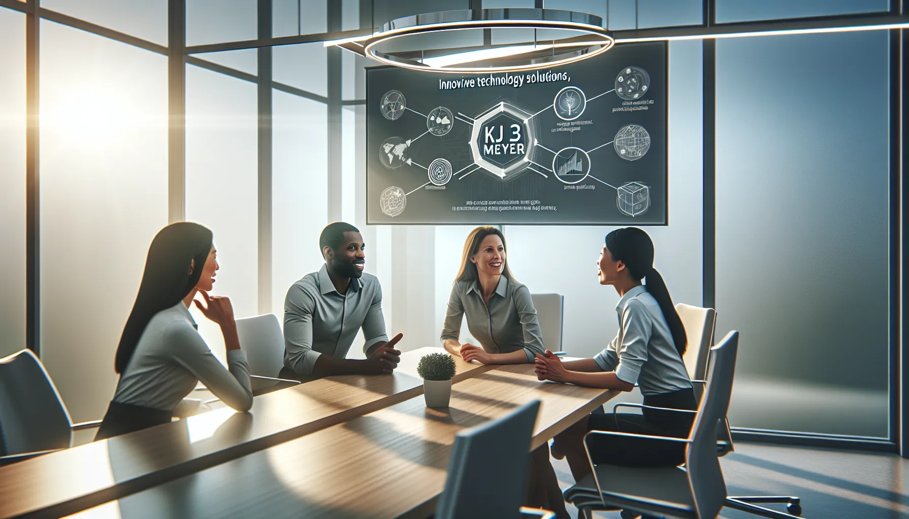 diverse professionals discussing Kj23Meyer in a modern office.