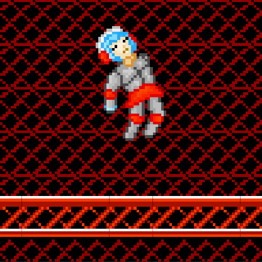 Pixel art astronaut floating above a red patterned platform with a black and red grid background.