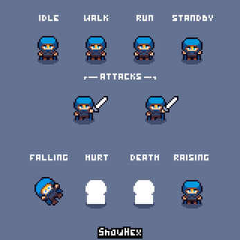 IDLE WALK RUN STANDBY ATTACKS FALLING HURT DEATH RAISING ShowHex Pixel art sprite sheet of a blue-hooded character showing idle, walk, run, attack, falling, hurt, death, and raising poses.