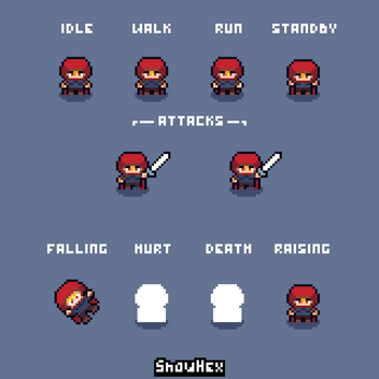 IDLE WALK RUN STANDBY ATTACKS FALLING HURT DEATH RAISING ShowHex Pixel art sprite sheet of a red-hooded character showing idle, walk, run, attack, falling, hurt, death, and raising poses.