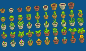 Pixel art rows of potted plants at various growth stages on a blue background