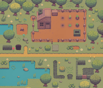 Pixel art farm scene with a wooden house, fenced garden, ponds, trees, and stone paths on grassy terrain.