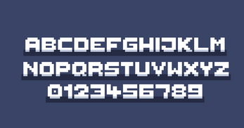 ABCDEFGHIJKLMNOPQRSTUVWXYZ 0123456789 Pixel art font displaying uppercase alphabet and numbers 0 to 9 on a blue background