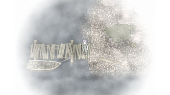 Character stands on a wooden dock next to a rowboat, surrounded by fog and rocky shoreline.
