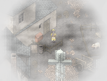 Isometric game scene with a character in yellow armor, a pig in a pen, a stone cross, and foggy surroundings