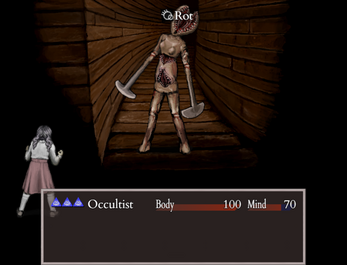 Occultist Body 100 Mind 70 Game battle screen showing a character facing a humanoid monster with axes for arms in a wooden tunnel. UI displays stats.