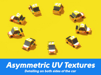 Asymmetric UV Textures
Detailing on both sides of the car Nine yellow cartoon-style race cars in a circle on a yellow background, each facing a different direction.