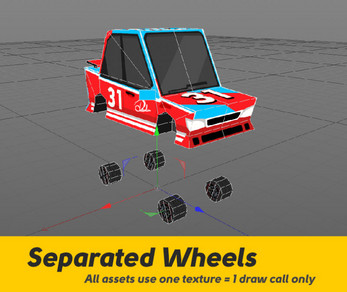 Separated Wheels
All assets use one texture = 1 draw call only 3D model of a red race car with number 31 and four detached wheels, shown in a modeling program.