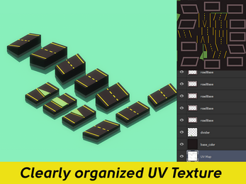 Clearly organized UV Texture Isometric 3D blocks with yellow lines, UV texture map and layer panel on the right, yellow banner at bottom.
