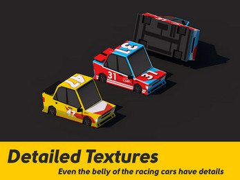 Detailed Textures. Even the belly of the racing cars have details Three low-poly racing cars with detailed textures, one flipped to show the underside, on a dark background.