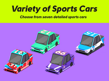 Variety of Sports Cars
Choose from seven detailed sports cars Four cartoon-style sports cars with numbers on them, displayed on a purple background under a yellow banner.
