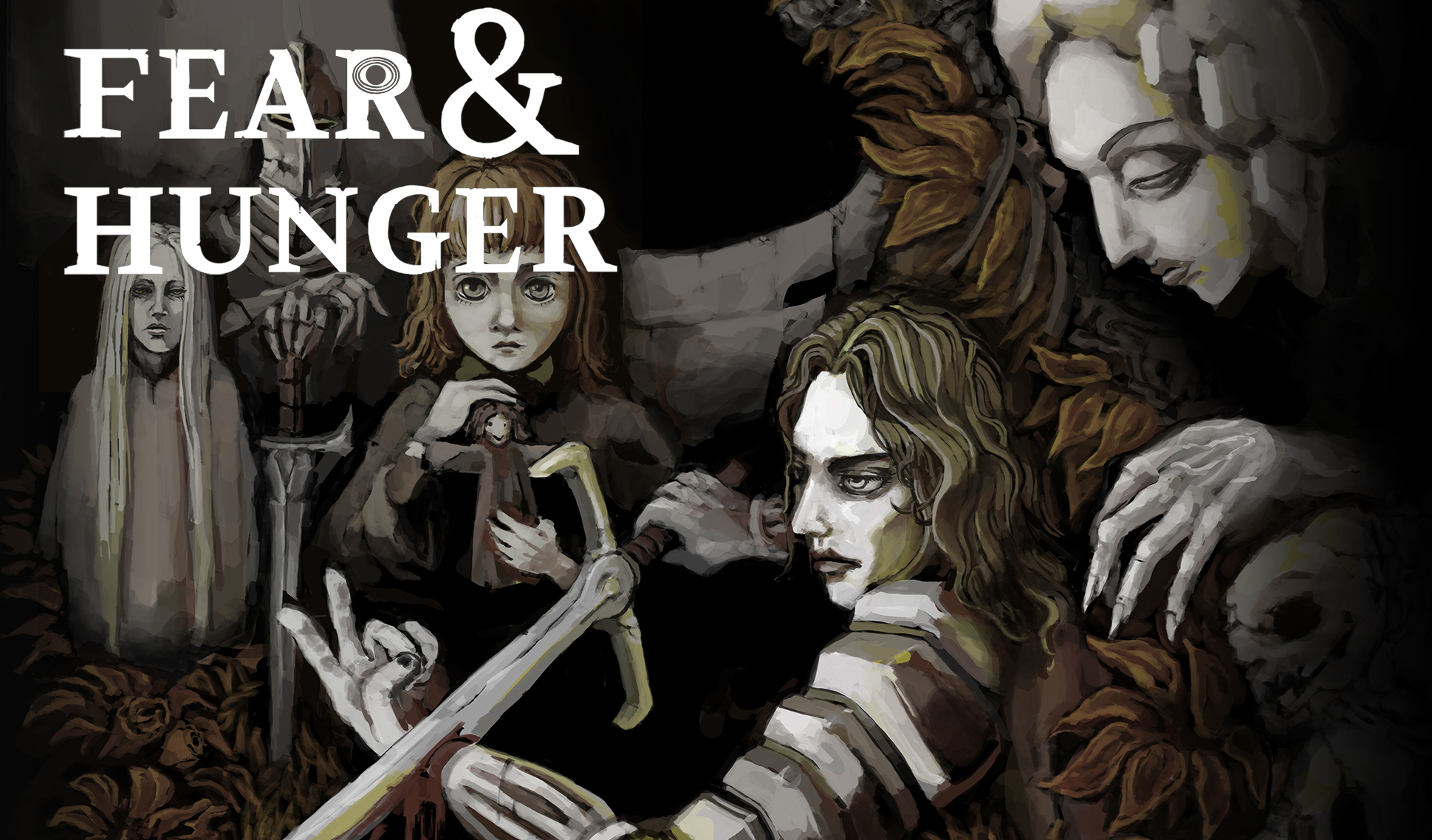 FEAR & HUNGER Dark fantasy art with somber characters, including a knight, a girl with a doll, and ghostly figures. 'FEAR & HUNGER' text.