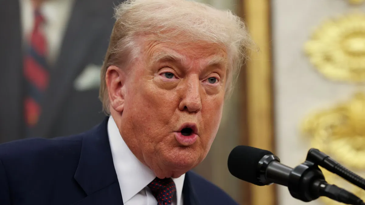 President Donald Trump speaks during a presentation in the Oval Office of the White House on Aug. 6, 2025, in Washington D.C.