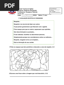 1 Avaliação de Ética e Cidadania 2º Ano 2024