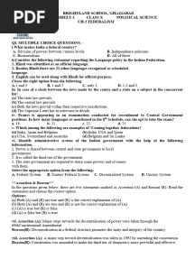 Worksheet of Class X Political Science CH2 Federalism