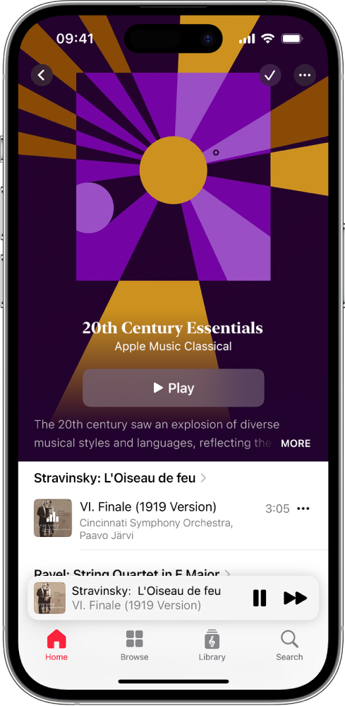 An iPhone showing a playlist in Apple Music Classical and a track playing at the bottom of the screen.