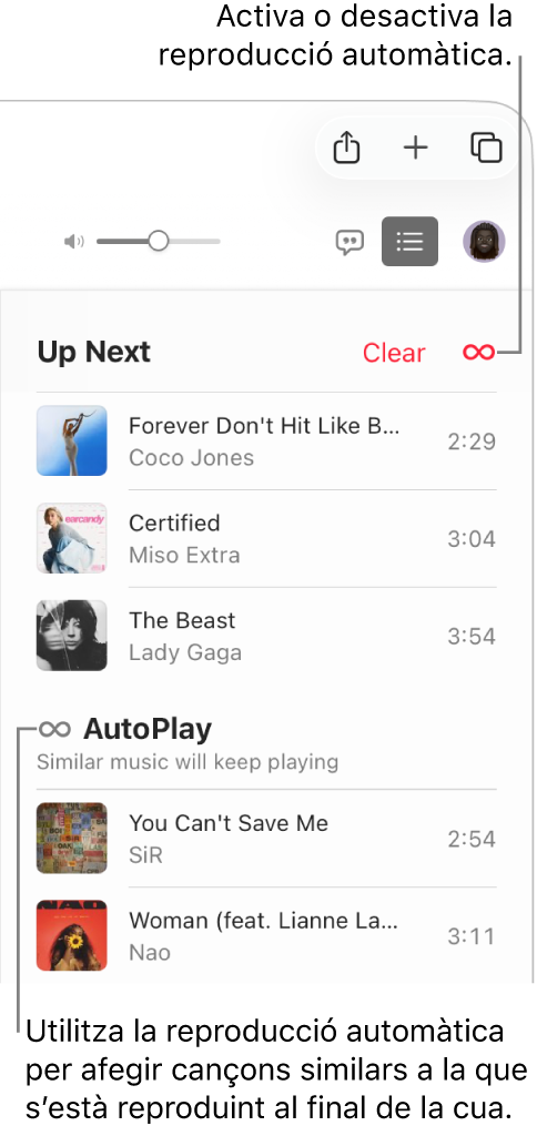 La cua “A continuació”. Fes clic al botó de la reproducció automàtica per activar‑la o desactivar‑la. Quan la reproducció automàtica està activada, afegeix cançons similars a la cua.