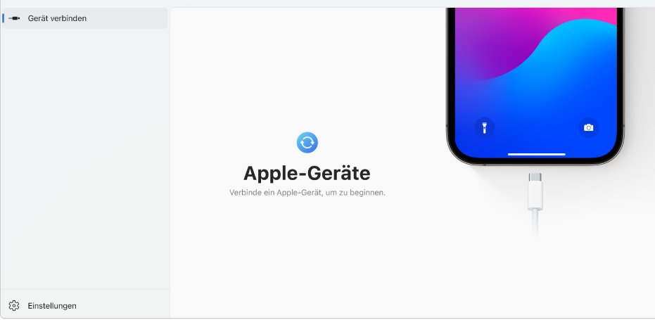 Das Hauptfenster „Apple-Geräte“ zeigt eine Aufforderung zum Verbinden eines Apple-Geräts an.