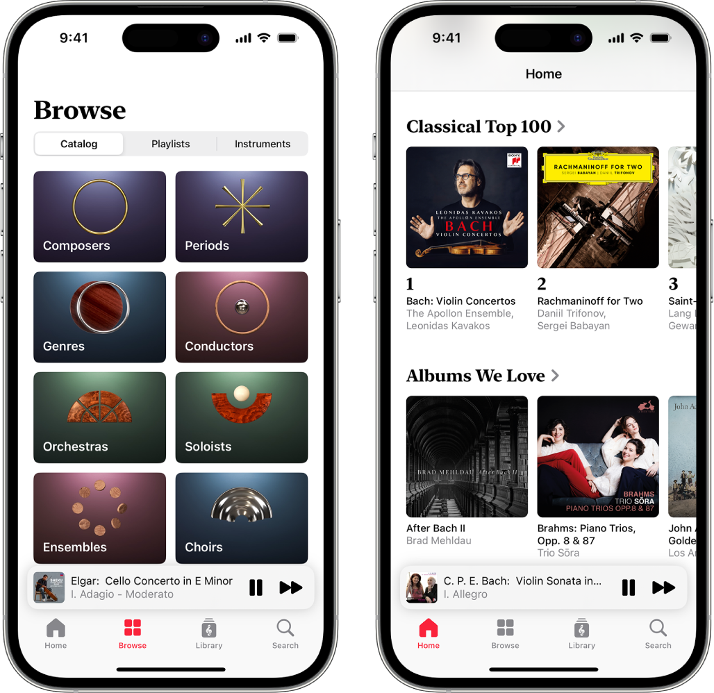جهازي iPhone يظهران طرقًا مختلفة للعثور على الموسيقى الكلاسيكية.الصورة الأولى تعرض علامة التبويب Browse حيث يمكنك تصفح الكتالوج وقوائم التشغيل والآلات الموسيقية. أما الصورة الثانية فتعرض علامة التبويب Home التي تحتوي على الألبومات الأكثر استماعًا، وأفضل 100 أغنية كلاسيكية، في الجزء العلوي.
