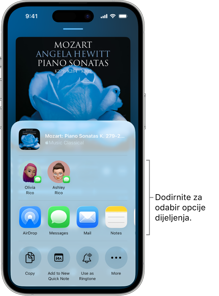 iPhone prikazuje klasičnu reprodukcijslu listu pri vrhu zaslona, a ispod se nalaze kontakti i opcije dijeljenja.
