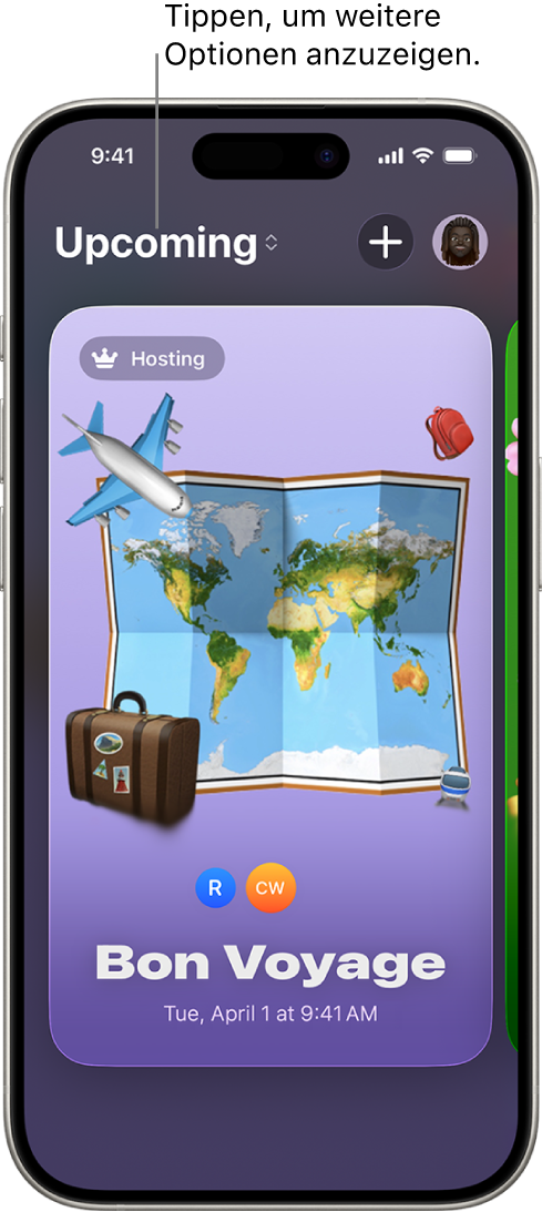 Ein Bildschirm in der App „Einladungen“ mit einem bevorstehenden Ereignis.