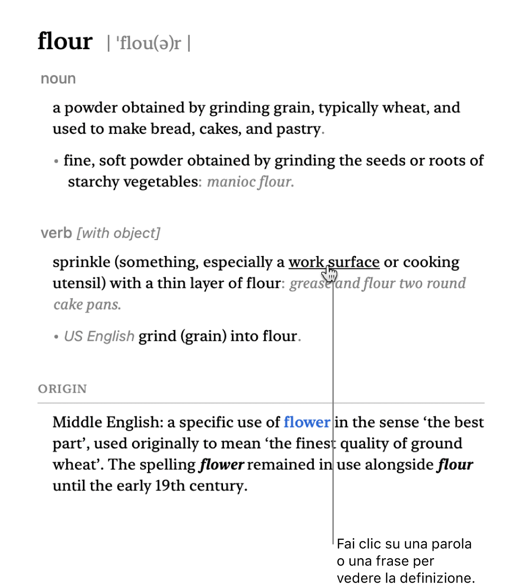 La finestra di Dizionario completa quando mostra una definizione. Fai clic su una parola o una frase qualsiasi all’interno della definizione per visualizzarne la definizione. Per selezionare una fonte in cui cercare, fai clic sul suo nome nella barra delle fonti, situata sotto la barra strumenti. Digita una parola o una frase nel campo di ricerca.