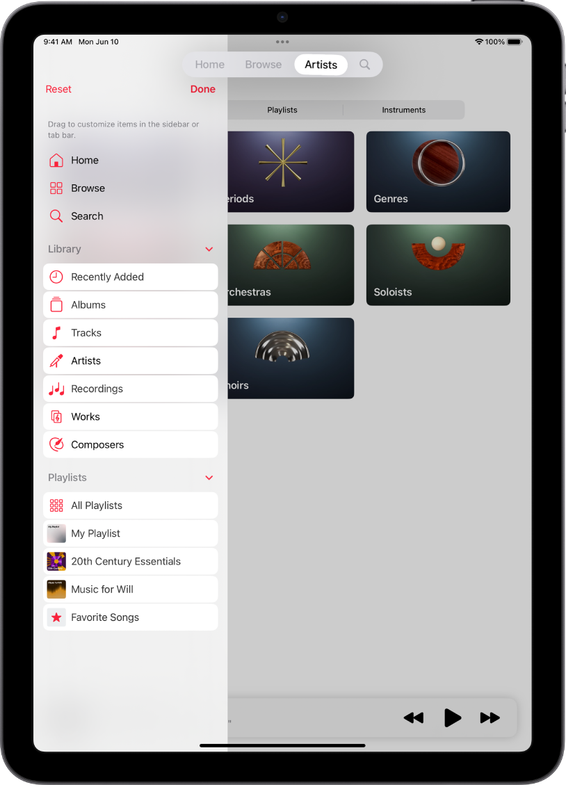 iPad i stående riktning visar alternativ för att redigera sidofältet till vänster och flikfältet överst på skärmen.