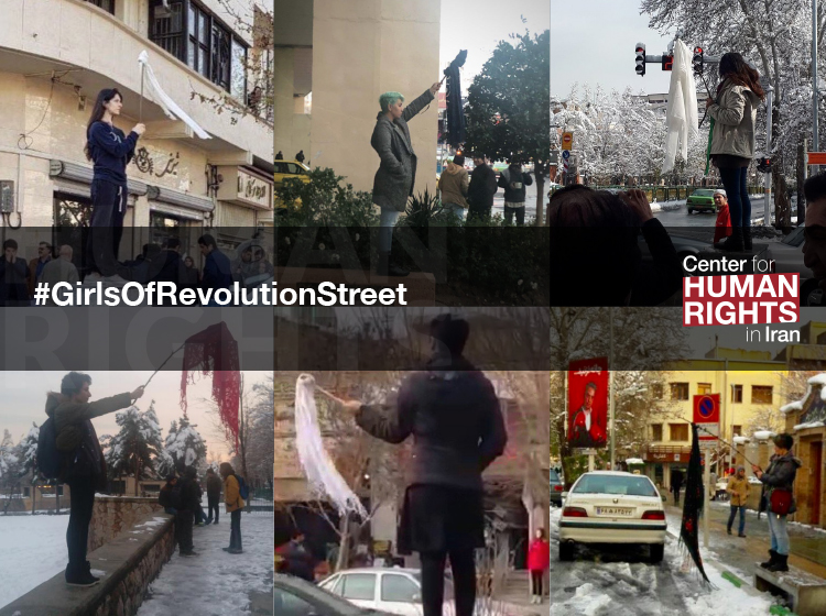 Iranian women protest their country’s hijab law by waving their headscarves in public.